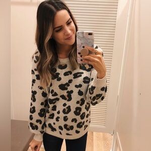 LOFT Leopard Print Crew Neck Sweater Top in Black, Cream & Tan